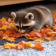 Wall Mural - Adorable Baby Raccoon Exploring Autumn Leaves: A Charming Wildlife Scene