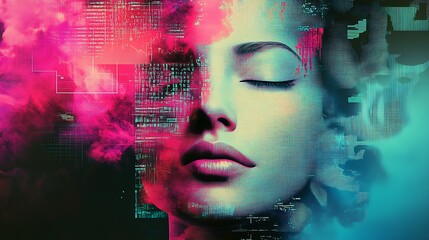 Aufkleber - Digital Art Portrait with Neon Colors Fusion of Technology and Human Emotion : Generative AI