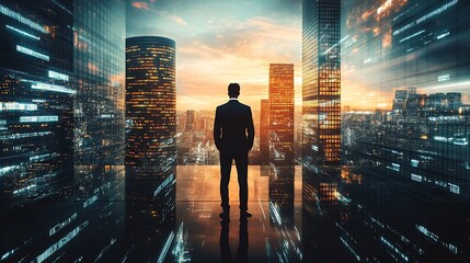 Aufkleber - Business visionary in modern city reflective high-rise at twilight with vibrant reflections : Generative AI