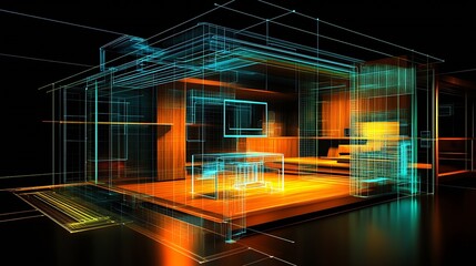 Aufkleber - Cutting-Edge Virtual Models of Interiors with Innovative Architectural Wireframes : Generative AI