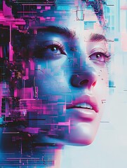 Aufkleber - Vivid Cyberpunk Style Digital Portrait of Female with Colorful Digital Glitches : Generative AI
