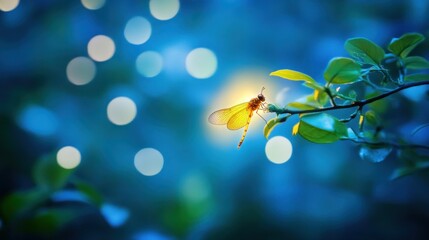 Glowing dragonfly on a twig at twilight.