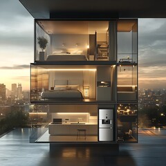 Aufkleber - Modern luxury apartment interior with stunning city skyline view at twilight : Generative AI