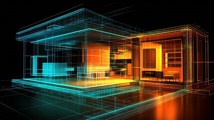 Aufkleber - Futuristic Conceptual Design of Modern Architectural Space with Dynamic Wireframes : Generative AI