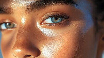Poster - Artistic closeup of radiant skin with freckles and sparkling eyes : Generative AI
