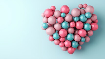 Poster - A colorful heart shape made of various-sized spheres in pink and teal against a soft blue background.
