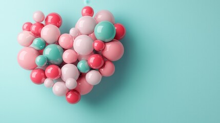 Poster - A colorful heart shape created from various sized spheres in pink, red, and teal against a soft blue background.