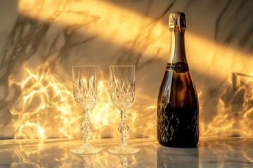Poster - Celebrate special moments with premium champagne and crystal flutes on a marble surface during golden hour. Generative AI
