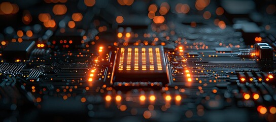 Poster - A close-up view of a circuit board with glowing components, illustrating technology.