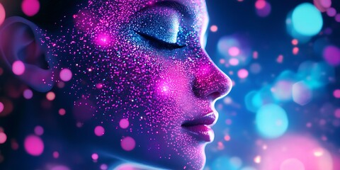 Poster - Artistic Woman with Glittering Face in Colorful Bokeh Lights Capturing Futuristic Elegance : Generative AI