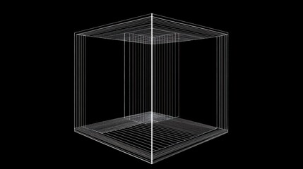 Abstract 3D wireframe cube on black background.