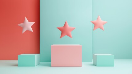 Poster - A minimalist composition featuring pastel-colored geometric shapes and floating stars against a soft background, creating a playful and modern aesthetic.