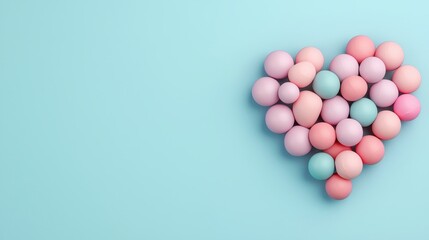 Poster - A colorful arrangement of pastel eggs shaped into a heart on a light blue background, symbolizing love and celebration.