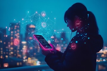 Aufkleber - Young Woman Engaged with Holographic Display and Digital Data in Urban Night Environment : Generative AI