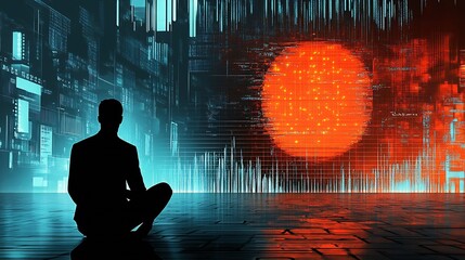 Aufkleber - Digital Urban Meditation Futuristic Cityscape with a Glowing Red Sphere : Generative AI