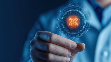 Poster - close up of hand holding holographic screen displaying medical symbol, representing advanced technology in healthcare