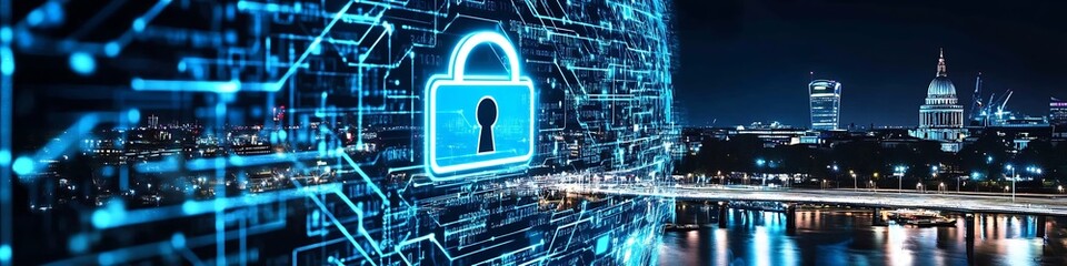 Aufkleber - Futuristic Digital Lock with Cityscape Background Illustrating Cybersecurity and Technology Concepts : Generative AI