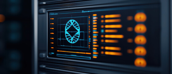 Poster - close up of laboratory screen displaying holographic interface with vibrant blue and orange elements