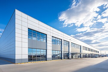 Poster - Industrial Building with Glass Windows and Modern Design Set Against a Vibrant Blue Sky : Generative AI