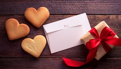 Wall Mural - Heart cookies, a blank card, and a gift with red ribbon on a wooden surface, a Valentine's scene.