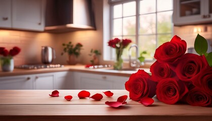 Wall Mural - Red roses and petals on a table with a blurred kitchen background, a romantic floral still life.