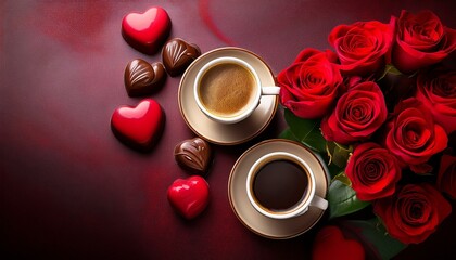 Wall Mural - Two cups of coffee, red roses, and heart chocolates, a romantic Valentine's Day arrangement.