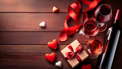 Wall Mural - Valentine's Day setup, with wine, gift, glasses, hearts, and red ribbon, a romantic gesture.