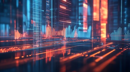 Poster - Cutting-Edge Digital Data Visualization with Luminous Orange and Blue Patterns : Generative AI