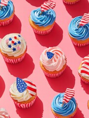 Poster - Colorful cupcakes decorated with American flags for a festive celebration. Generative AI