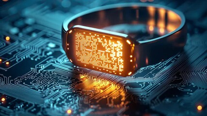 Poster - Futuristic Smartwatch Displaying Data on Circuit Board Background