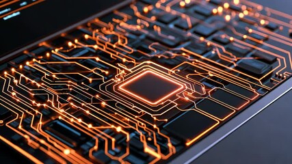 Poster - Abstract Digital Circuit Design with Glowing Lines and Microchip Detail