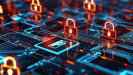 Poster - Digital Security Concept with Circuitry and Locks in Neon Blue and Orange Colors