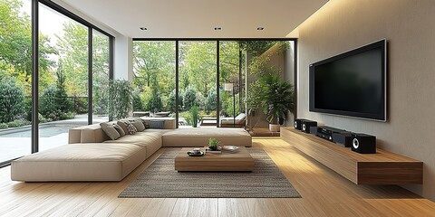 Poster - Modern living room design featuring large windows and minimalistic furniture in a serene outdoor setting