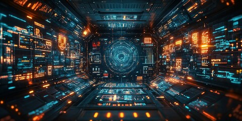 Poster - Futuristic control room with glowing data displays in a virtual environment
