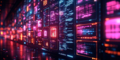 Poster - Futuristic data visualization with vibrant neon colors in a digital environment at night