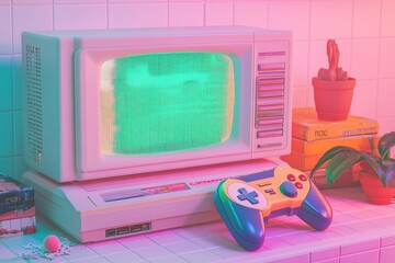 Leinwandbilder - Retro gaming console and monitor setup in a colorful aesthetic atmosphere. Generative AI