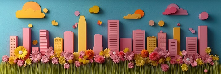 Wall Mural - A colorful city skyline made of paper with flowers in the foreground, showcasing creativity.