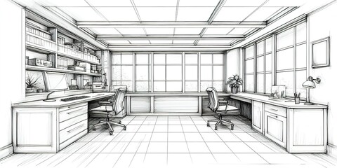 Poster - Modern office interior design featuring two workstations and large windows providing natural light
