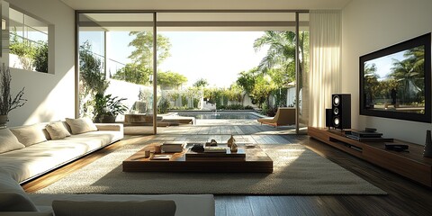 Poster - Modern living room with large windows and pool view in a sunny outdoor setting