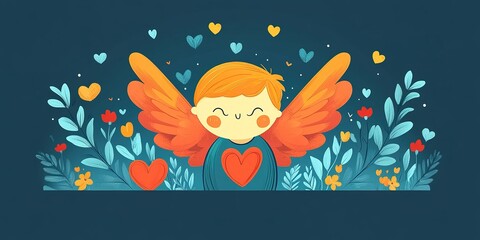 Poster - Colorful illustration of a joyful child with angel wings surrounded by hearts and flowers