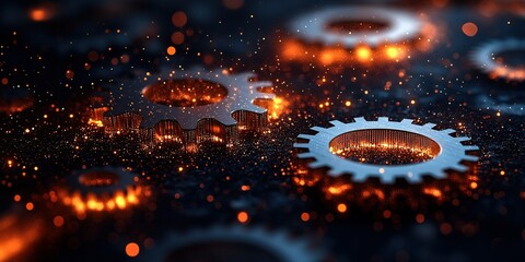 Poster - Intricate gears with glowing sparks create an industrial aesthetic in a dark backdrop during evening hours
