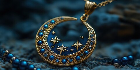 Poster - Golden crescent moon pendant with blue gemstones and star details on textured background