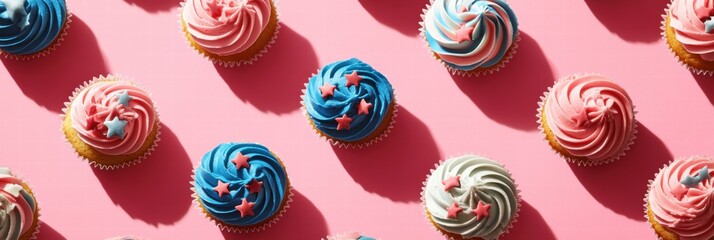 Aufkleber - Cupcakes decorated with American flags arranged in a festive pattern on a pink backdrop for a national celebration. Generative AI