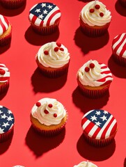 Poster - Decorative cupcakes featuring American flags on a vibrant red backdrop perfect for celebrations. Generative AI