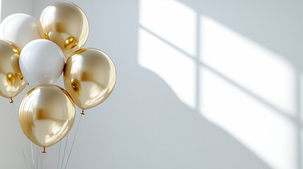Poster - A cluster of gold and white balloons against a light wall.