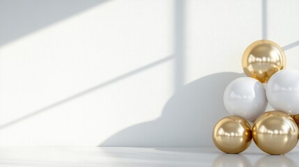 Poster - A minimalist arrangement of golden and white spheres against a wall.