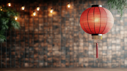 Wall Mural - vibrant red lantern hanging against rustic wooden wall, creating warm ambiance