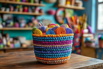 Poster - Colorful yarns arranged in a decorative basket in a vibrant craft shop interior