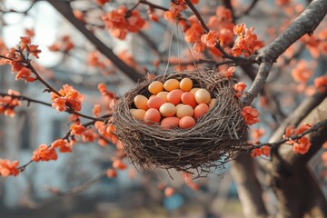 Wall Mural - Colorful eggs nestled in a bird's nest on a flowering tree during springtime in a tranquil garden setting