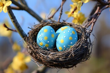 Colorful decorated eggs nestled in a bird's nest among blooming branches in springtime sunlight